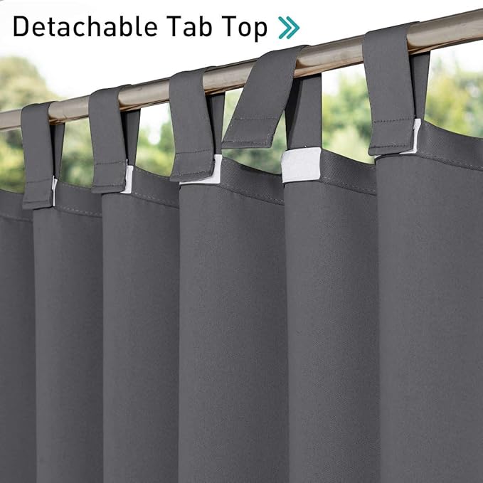NICETOWN 2 Pieces Porch Curtainss Outdoor Waterproof 120" Extra Long, Detachable Sticky Tab Top Blackout Indoor Outdoor Living Dividers Thermal Insulated Blinds for Patio & Pergola, Grey, 104" W Total