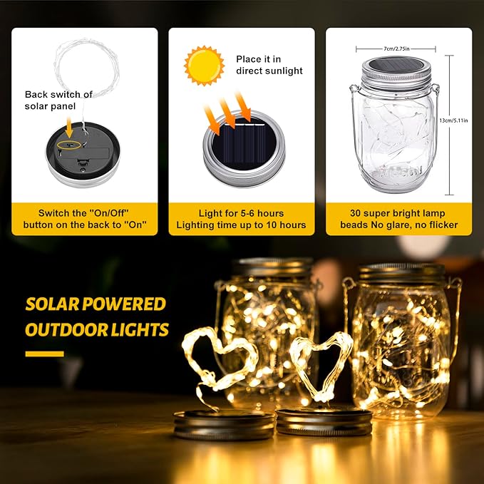 Solar Mason Jar Lanterns, 8 Pack with 30 Warm White LEDs