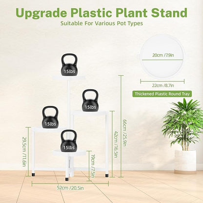 iDavosic.ly 4 Tier Folding Plant Stand Indoor Outdoor with Plastic Tray, Tiered Corner Flower Holder Shelf, Metal Orchid Display Rack for Patio Porch Living Room Garden Balcony, White