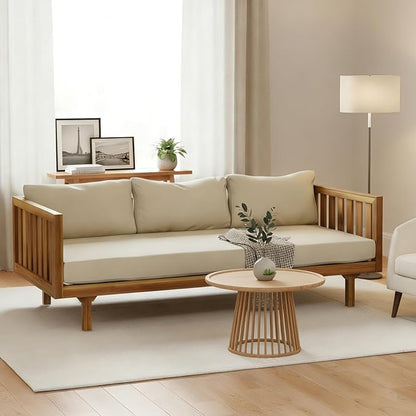 Merax Solid Acacia Wood Couch Chaise Lounge Chair Indoor, 3 Seater Daybed Sofa Couches with Cushions & Pillow, Heavy Frame Day Bed for Living Room, Office, Outdoor, Balcony, Patio, Water Resistant