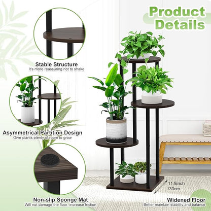 Plant Stand Indoor, 4 Tier Thickened Metal Corner Plant Shelf for Multiple Plants, Indoor Plants Tiered Flower Pot Stand for Patio Garden Balcony Living Room Bedroom(Black Oak)