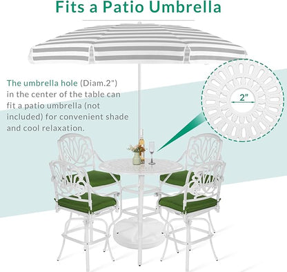 VIVIJASON 3-Piece Patio Swivel Bar Stools Set, All Weather Cast Aluminum Outdoor Bar Height Bistro Set with 2 Cushioned Bar Chairs & 35.4" High Bar Table w/Umbrella Hole for Backyard, Lawn, White