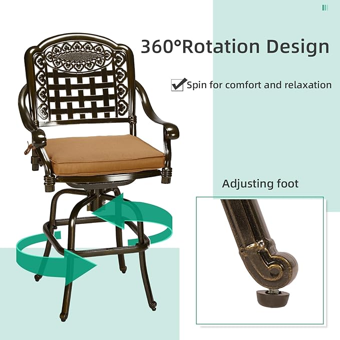 VIVIJASON 5-Piece Outdoor Swivel Bar Stools Set, All Weather Cast Aluminum Patio Bar Height Bistro Set with 4 Cushioned Bar Chairs & 38.5" High Bar Table w/Umbrella Hole for Backyard, Lawn, Garden