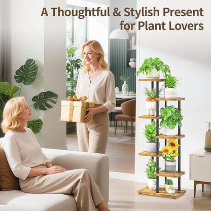 LASZOLA Black 6 Tiered Wood Plant Stand Indoor for Larger Heavy Duty Planter, Sturdy Multi Level Vertical Flowers Racks for Narrow Inside Floor, Decorate Shelving for Hold House Tree, Space Saving