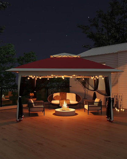 Canopy Tent 13x13 ft, Pop Up Gazebo One-Push Setup with 4 SandBags for Backyard Parties and BBQs, Mosquito Netting & Height Adjustable - Red