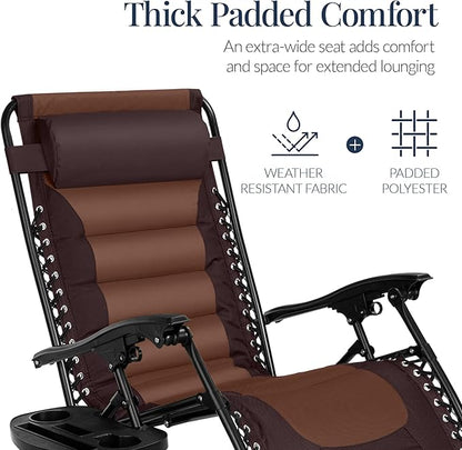 Best Choice Products Oversized Padded Zero Gravity Chair, Folding Outdoor Patio Recliner, XL Anti Gravity Lounger for Backyard w/Headrest, Cup Holder, Side Tray, Polyester Mesh - Espresso/Brown