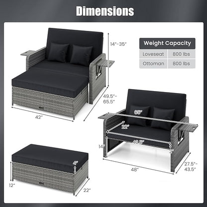 HAPPYGRILL Patio Rattan Wicker Daybed with Loveseat & Storage Ottoman, Outdoor Lounge Sofa Furniture Set with Adjustable Backrest & Side Trays, for Poolside Deck Porch Lawn (Mix Grey & Black)