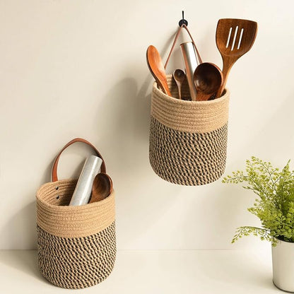 Goodpick 2pack Jute Rope Hanging Basket - 7.87" x 7" Small Woven Fern Wall Hanging Basket Flower Plants, Woven Storage, Black and Jute