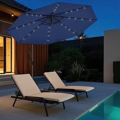Tangkula 10ft Solar LED Patio Umbrella with Base, Offset Cantilever Outdoor Umbrella with 32 LED Lights, Infinite Tilt, 360 Degree Rotation, Crank Handle for Pool Deck Garden Backyard (Navy)