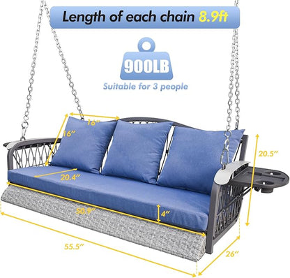 Wicker Porch Swing Heavy Duty 900 LBS 3-Seat Outdoor Patio Swing Chair with Cushions & 8.9ft Chains Outdoor Hanging Bench with Upgraded Cup Holders for Garden Deck Backyard