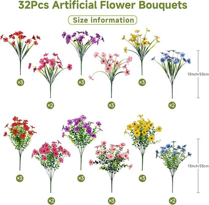 Alupssuc 32 Bundles Artificial Flowers for Outdoors Decoration, UV Resistant Silk Faux Floral Spring Fake Plastic Plants Greenery for Outside Indoor Home Garden Porch Window Box Decor, Mix 6 Colors