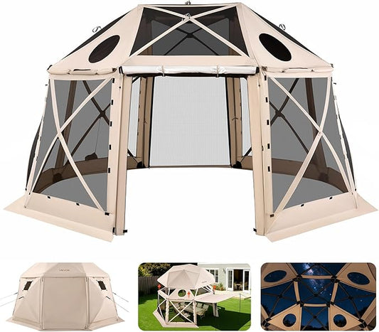 VEVOR Pop up Gazebo Screen Tent, 15 x 15 ft, 13-Sided Spherical Camping Canopy Tent with Removable Top & Carry Bag, Quick-Set & Bite-Proof, Screen House Sun Shelter for 12-15 Persons, Beige