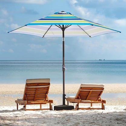 JEAREY 7.5FT Patio Umbrella Market Table Umbrella with 6 Sturdy Ribs, Push Button Tilt/Crank Outdoor Umbrella for Garden, Deck, Backyard, Pool and Beach,Bold Blue-Green Stripe