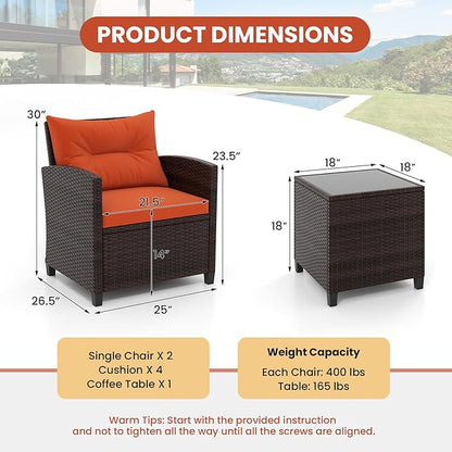 Tangkula 3 Pieces Patio Furniture Set, PE Rattan Wicker 3 Pcs Outdoor Sofa Set w/Washable Cushion and Tempered Glass Tabletop, Conversation Furniture for Garden Poolside Balcony (Orange)