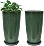 Set of 2 Lightweight Ceramic-Look Tall Planter, 21 inch Large Plastic Planter with Drain Hole & Saucers, Large Outdoor Planters for Porch, Garden, Patio, Balcony(Dark Green)
