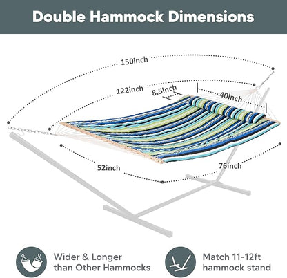 SUNCREAT Hammocks Outdoor Double Hammock with Hardwood Spreader Bar, Cotton Rope Hammock with Polyester Pad, Blue&Green