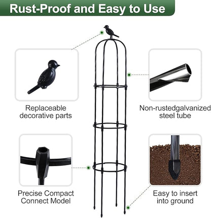 Lalahoni Garden Obelisk Trellis for Climbing Plants Outdoor, 6ft Round Rose Trellis for Pots, Metal Plant Support for Clematis, Jasmine, Ivy, Decorative Outdoor Trellis, Black, 1Pack