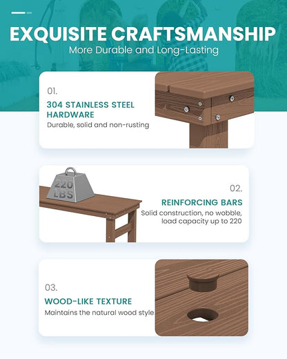 SERWALL Outdoor Bar Set - 4 Adirondack Bar Chairs & Bar Height Table with 1.6" Umbrella Hole, All-Weather HDPE Patio Furniture for Poolside, Backyard, Garden - Brown