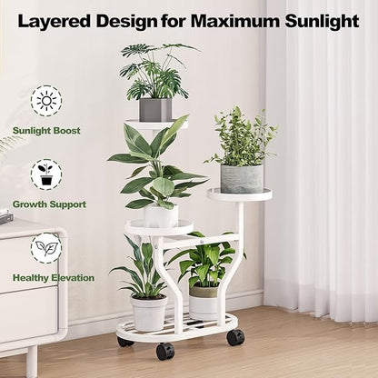 Plant Stand with Wheels 3 Tier Metal Plant Holder Corner Flower Shelf for Multiple Plants Display Rack for Bedroom Living Room Balcony Garden White (White, 3 Tier)