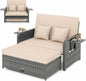 LDAILY Moccha Outdoor Daybed, Wicker Loveseat Sofa Set with 4-Postion Adjustable Backrest, Storage Ottoman, Cushions, Rattan Double Bed Lounger, Patio Furniture Set (Mixed Gray+Beige)