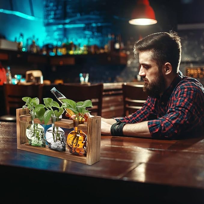 Terrarium Set with 3 Skull Glass Vases and Wood Stand