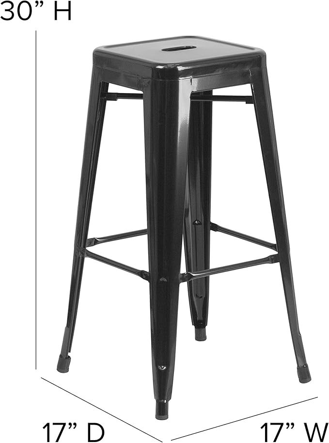 Black Metal Backless Bar Stool, Indoor/Outdoor, 30-Inch Stacking