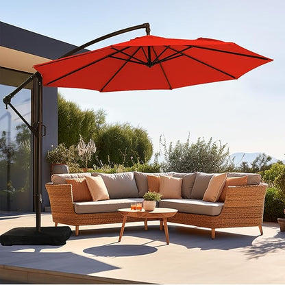 wikiwiki 10ft Patio Umbrella with Base Included, Outdoor Offset Cantilever Umbrella, Infinite Tilt, Crank and Cross Base, Light Red
