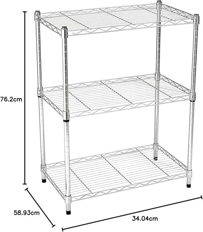 Amazon Basics 3-Shelf Adjustable Heavy Duty Steel Wire Shelving Rack with Chrome Finish, No-Tool Assembly, 250 lbs per Shelf, 23.2" L x 13.4" W x 30" H