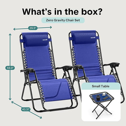 SereneLife Outdoor Zero Gravity Lounge Chair Set with Table – 2 Adjustable Recliners with Cup Holders, Headrest, Steel Frame & Foldable Design for Patio, Pool, Garden, or Camping
