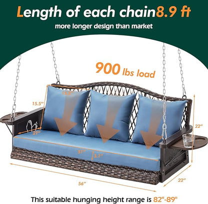 Upgraded Wicker Hanging Porch Swing Heavy Duty 900 LBS 3-Seat Outdoor Patio Swing Chair Bench for Adult w/ 8.9ft Hanging Chains Cushions and Cup Holder