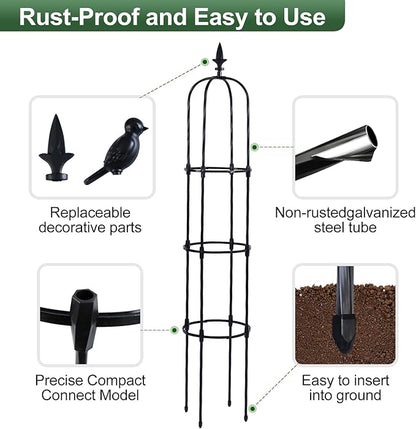 Lalahoni Garden Obelisk Trellis for Climbing Plants Outdoor, 6ft Round Rose Trellis for Pots, Metal Plant Support for Clematis, Jasmine, Ivy, Decorative Outdoor Trellis, Black, 2Pack