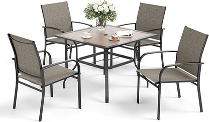 5 Piece Patio Dining Set for 4, 37”x37” Square Table (PVC Wood-Like Table Top) with 1.57" Umbrella Hole, 4 Metal Brown Chairs, Outdoor Table and Chairs Set for Lawn Backyard and Deck