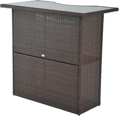 Outsunny 5 Pcs Rattan Wicker Bar Set, High Top Outdoor Table and Chairs, Bar Height Patio Set with Glass Table Top 2 Tier Storage Shelf, and 4 Bar Stools for Garden, Poolside, Dark Brown
