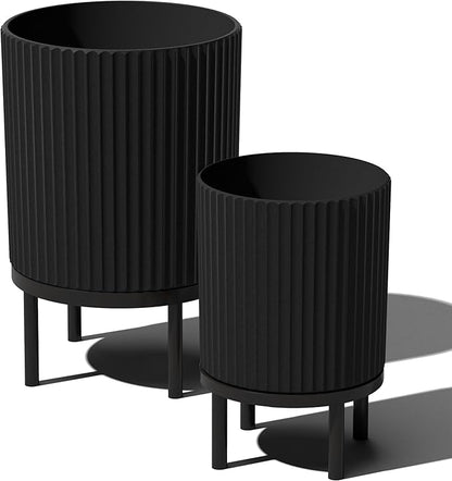 Veradek Demi Series Round Planter w/Stand for Porch/Patio | Durable Plastic-Stone Composite & Wooden Stand | Modern Décor for Tall Plants, Flowers
