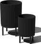 Veradek Demi Series Round Planter w/Stand for Porch/Patio | Durable Plastic-Stone Composite & Wooden Stand | Modern Décor for Tall Plants, Flowers