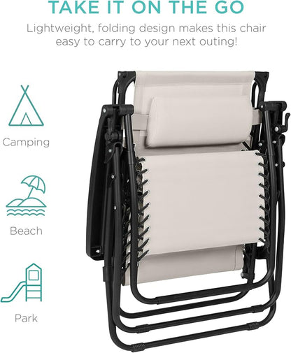 Best Choice Products 30” Wide Folding Zero Gravity Outdoor Recliner Patio Lounge Chair w/Adjustable Canopy Shade, Headrest, Side Accessory Tray - Ivory