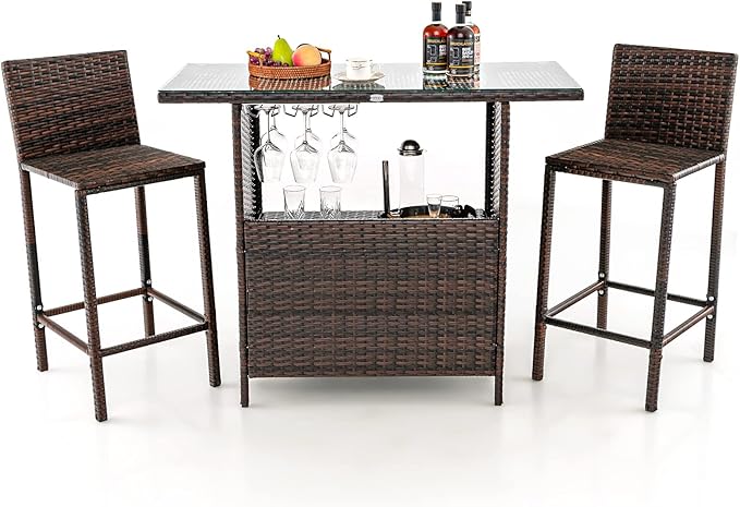 Tangkula Outdoor Bar Set, 3 Pieces Patio Wicker Bar Height Table and Chair Set with 3 Rows Stemware Racks, Hidden Storage Shelf, Tempered Glass Tabletop, 2 Stools for Backyard, Poolside (Mix Brown)