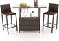 Tangkula Outdoor Bar Set, 3 Pieces Patio Wicker Bar Height Table and Chair Set with 3 Rows Stemware Racks, Hidden Storage Shelf, Tempered Glass Tabletop, 2 Stools for Backyard, Poolside (Mix Brown)