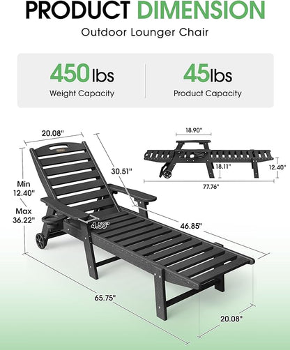 Chaise Lounge Outdoor, Lounge Chair Outdoor with Wood Texture, Adjustable 5-Position Backrest, HDPE Lounge Chair with Wheels & Cup Holder for Pool Deck Backyard, Black