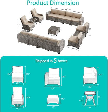 13-Piece Outdoor Patio Furniture Set with 55,000 BTU Fire Pit Table, PE Wicker Rattan Sectional Sofa Patio Conversation Set with Thickened Cushions & Coffee Table, Beige