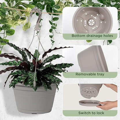 VIDELLY 4 Pcs Hanging Planters,10" Hanging Pots Plastic Hanging Flower Plant Basket with Drainage Trays & Chain Holder for Outdoor Indoor Plants Garden Balcony Decoration, Light Gray