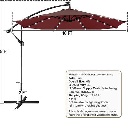 Yaheetech 10FT Solar Offset Umbrella with 32 LED Lights Cantilever Hanging Outdoor Umbrellas Handy Crank & Cross Base for Lawn/Deck/Backyard/Pool Burgundy