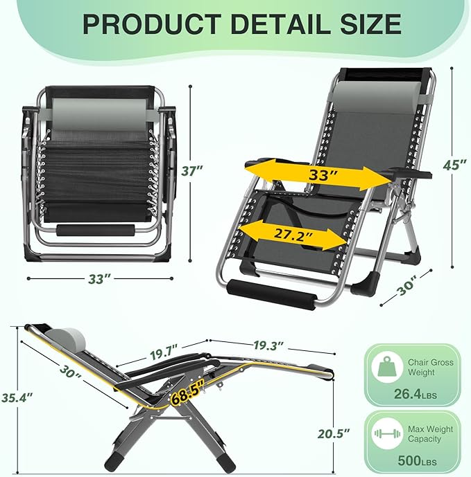 Suteck Oversized Zero Gravity Chair,33In XXL Lounge Chair w/Removable Cushion&Headrest, Reclining Camping Chair w/Upgraded Lock and Footrest, Reclining Patio Chairs Recliner for Indoor Outdoor,500LBS