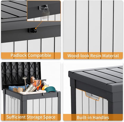 Deck Box Lockable Resin Patio Storage Bench in Black, Wood Grain