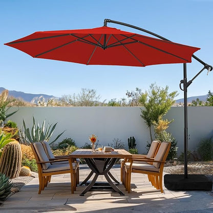 wikiwiki 10ft Patio Umbrella with Base Included, Outdoor Offset Cantilever Umbrella with Sandbag Base for Backyard, Garden and Pool, Easy to Tilt and Crank, Red