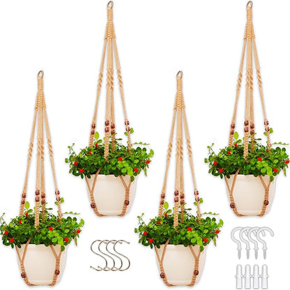 Macrame Plant Hanger Indoor Set,Hanging Planters for Indoor Plants Outdoor,Hanging Plant Holder Basket Pot with 8 Hooks,Boho Home Decor Crochet Beads Window Ceiling,No Tassels 4 Pack,Brown