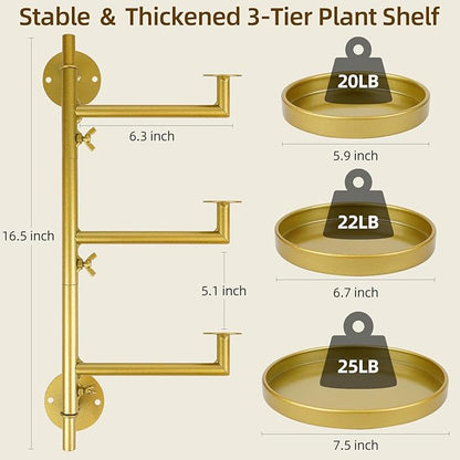 Rotating Window Plant Shelves with Adjustable Knobs, 3 Tiers Metal Wall Shelf for Plants Indoor, Sturdy Hanging Plant Holder, Window Wall Decor & Gardening Gifts (Golden)