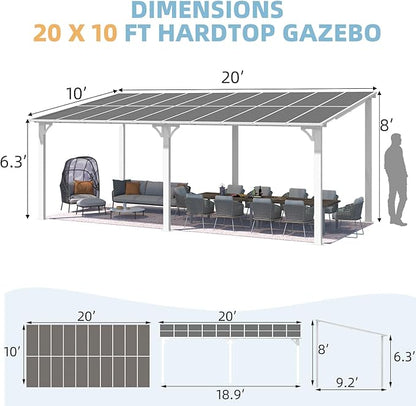 AECOJOY 20' x 10' White Gazebo Outdoor Pergola for Patio, 10x20 Large Wall-Mounted Hard Top Lean to Metal Gazebo Shelter Pergolas and Gazebos Clearance with Patio Roof, Heavy Duty Awnings for Backyard