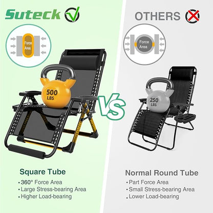 Suteck Oversized Zero Gravity Chair,33In XXL Outdoor Recliner Chair w/Removable Cushion&Headrest, Camping Lounge Chair w/Upgraded Lock&Footrest, Reclining Patio Chairs for Indoor Outdoor,500LBS