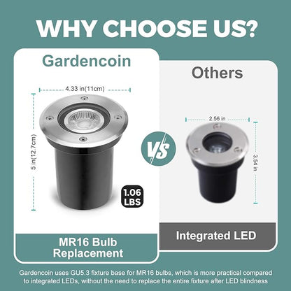 Gardencoin Low Voltage Landscape LED Well Lights, 12V in Ground Lights Outdoor IP67 Waterproof, 4.3 inch Wired Landscape Up Lighting, Included Replaceable 5W 2700K MR16 Bulb Dimmable, 6 Pack